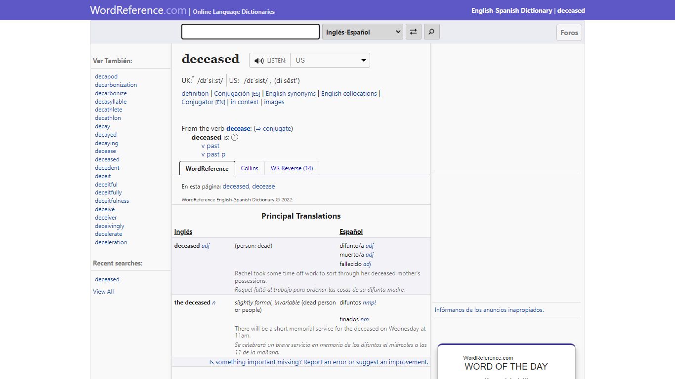 deceased - English-Spanish Dictionary - WordReference.com