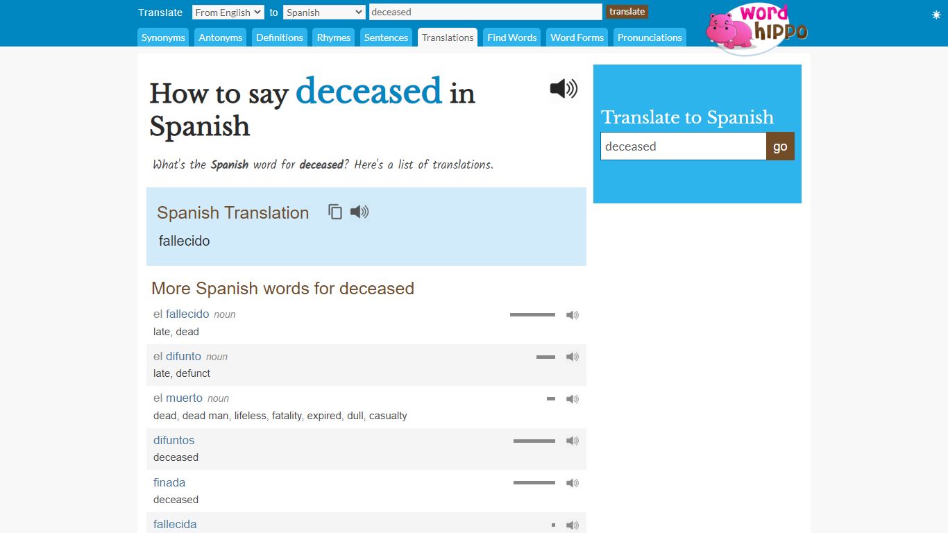 How to say deceased in Spanish - WordHippo