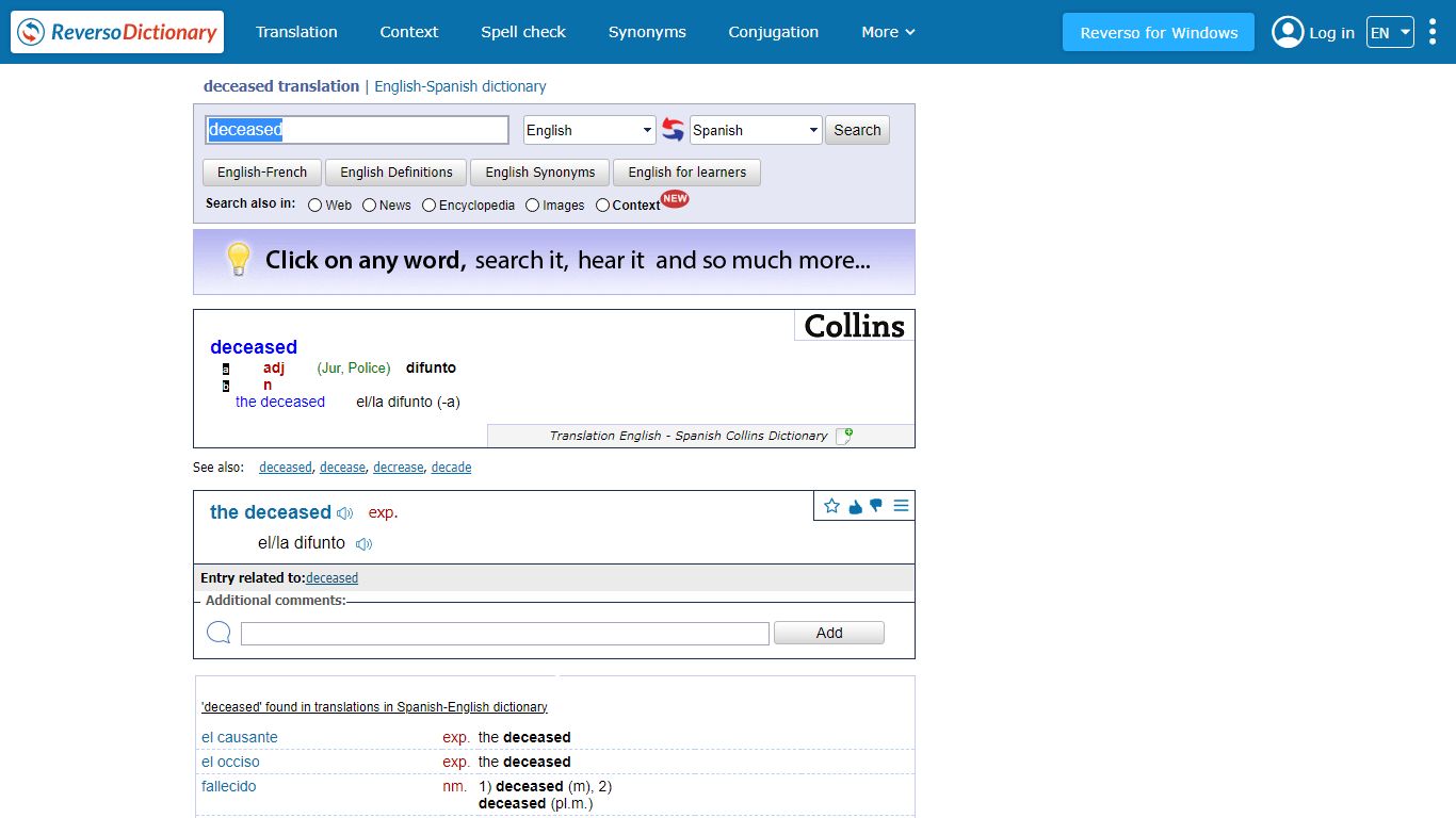 deceased translation in Spanish | English-Spanish dictionary | Reverso